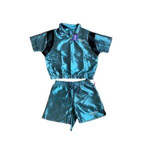 WEIV Womens XL Blue & Black Polyester Short Set With Embroidered Logo